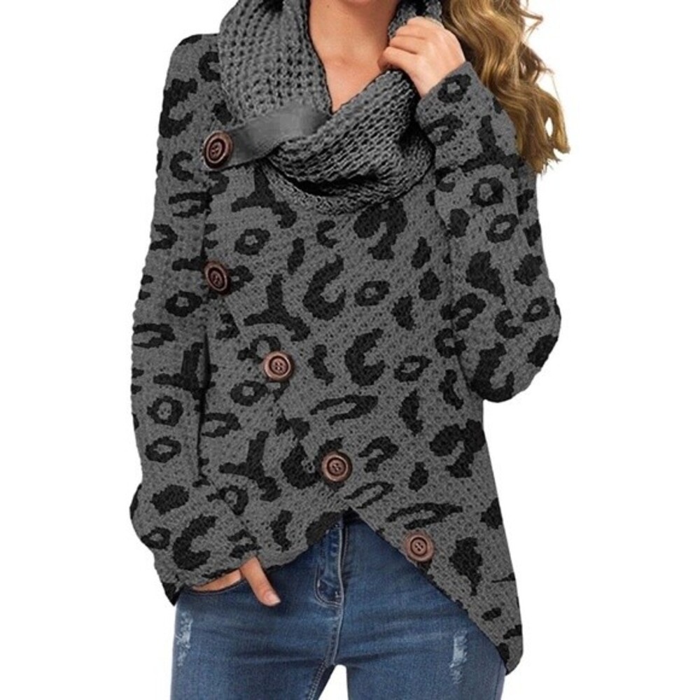 Grecerelle Sweater Gray Cheetah Cowl Neck Asymmetric Button Tulip Hem Size M NEW